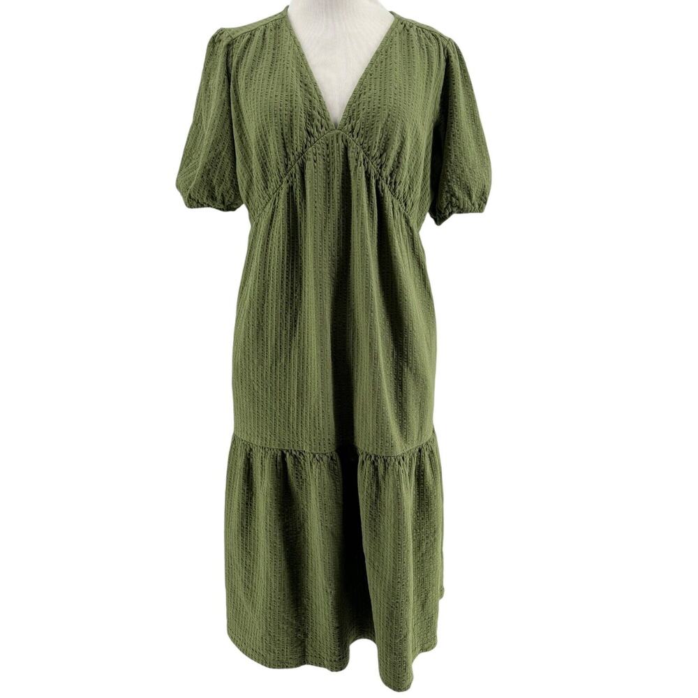 Boden Women's Green Washed Khaki Jersey Seersucker Midi Dress Size 6P